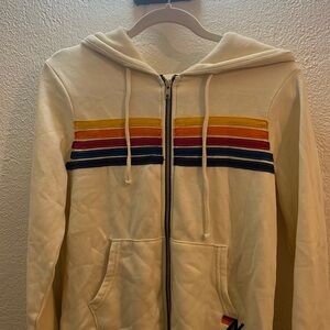 Aviator Nation Five Stripe Zip up Hoodie in Vintage White